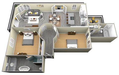 a 3d rendering of a floor plan with a bedroom and a living room